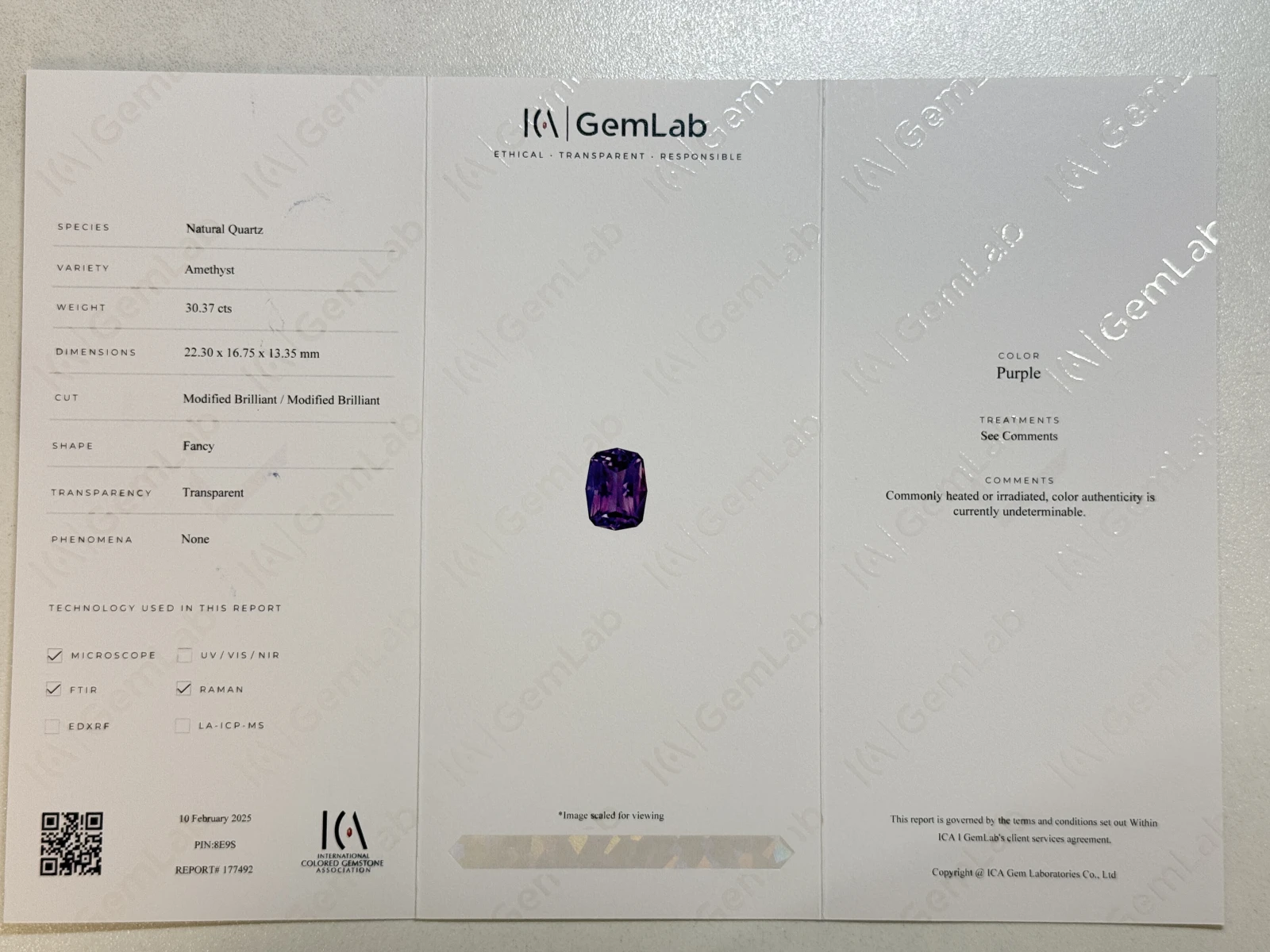 ICA GemLab Certified Natural 30.37 ct Natural Purple Amethyst Fancy Shape Loose Gemstone — view 15