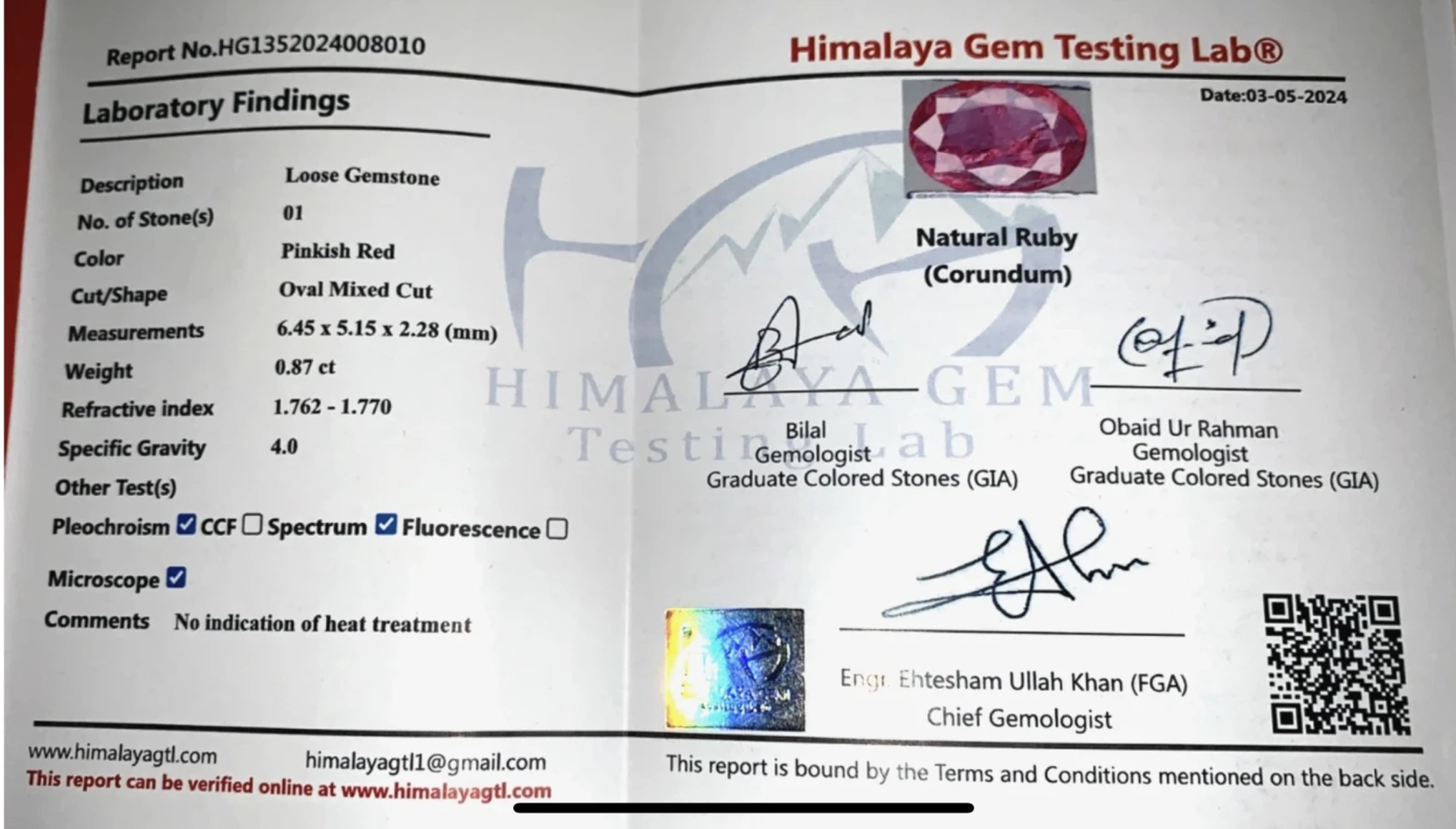0.87ct Natural Ruby loose gemstone oval cut HGTL certified — view 6