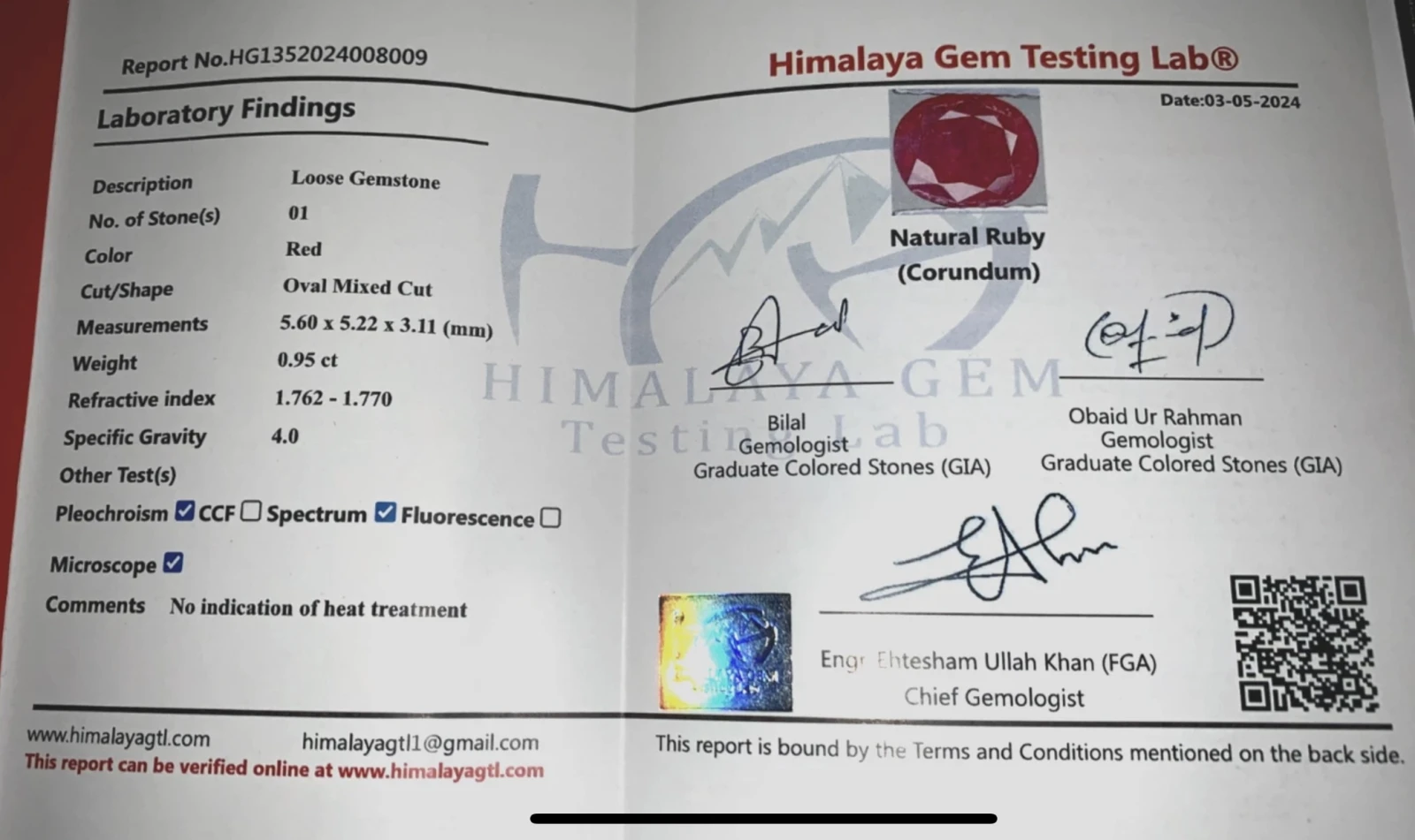 0.95ct Natural Ruby loose gemstone oval cut HGTL certified — view 4