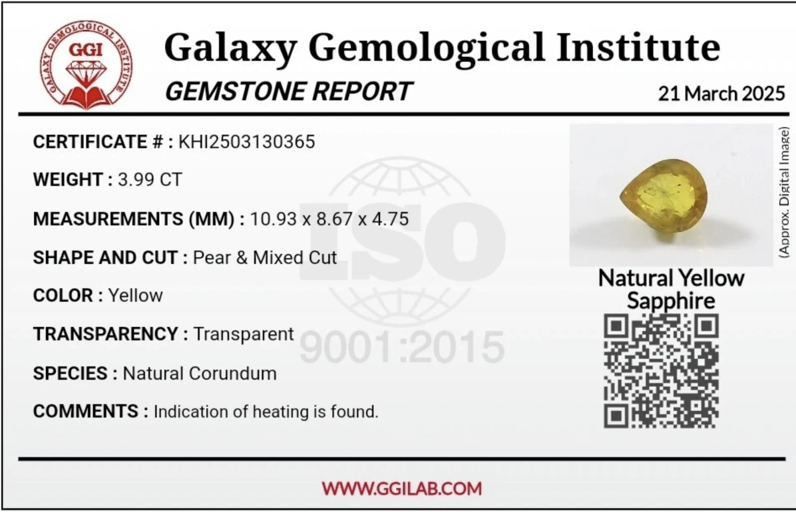 3.99ct Natural Sapphire Loose Gemstone Yellow Pear Shape GGI certified — view 7