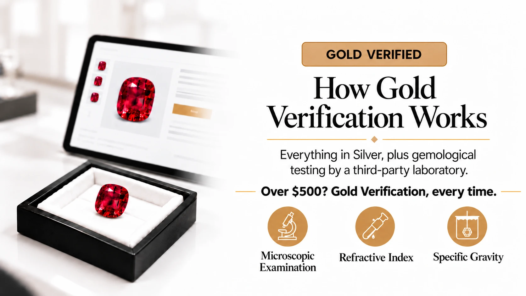 How Gold Verification works: everything in Silver, plus gemological testing by a third-party laboratory — microscopic examination, refractive index and specific gravity. Over $500? Gold Verification, every time.